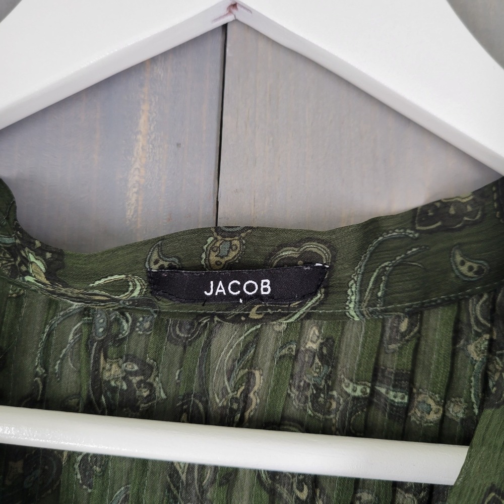 Jacob Paisley Sheer Babydoll Blouse Women Medium Green Short Sleeve Pleated - Picture 8 of 8